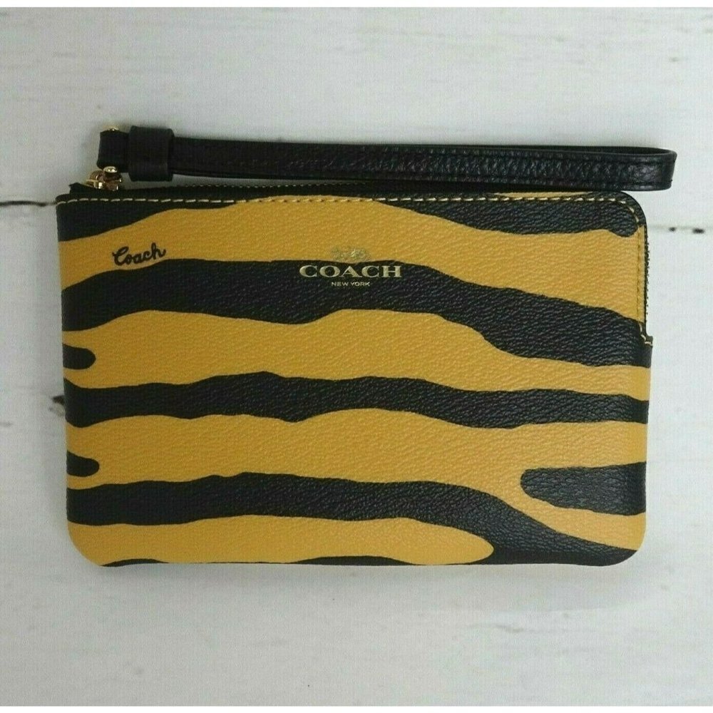New Coach TIGER Corner Zip Wristlet Wallet Small Bag Coated Canvas Leather Logo
